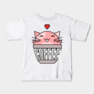 Happy cat in coffee cup with warped text heart on head pink Kids T-Shirt